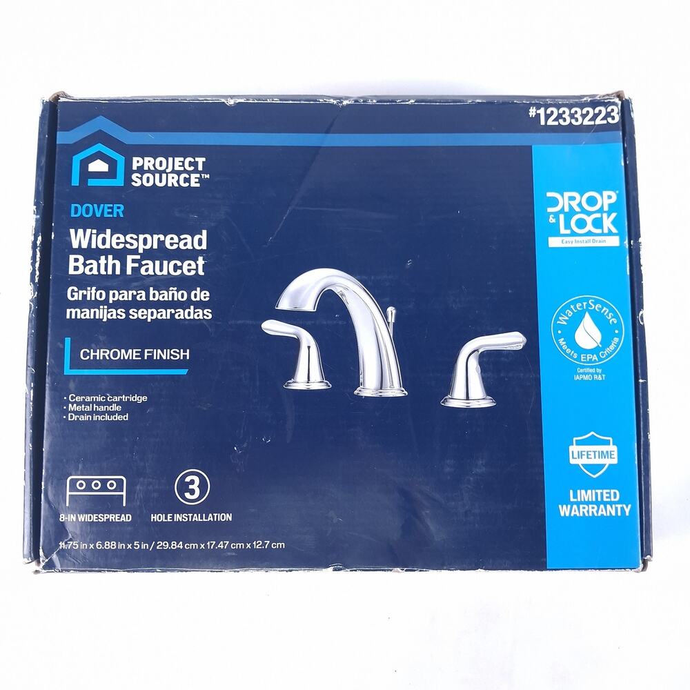PROJECT SOURCE Dover Widespread Bath Faucet Chrome FW6BC002CP 3-Hole WaterSense